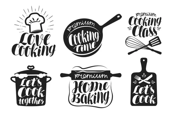 Set de etiquetas de cocina. Cocinar, comida, comer, icono de hornear en casa o logotipo. Letras, caligrafía vector ilustración — Archivo Imágenes Vectoriales