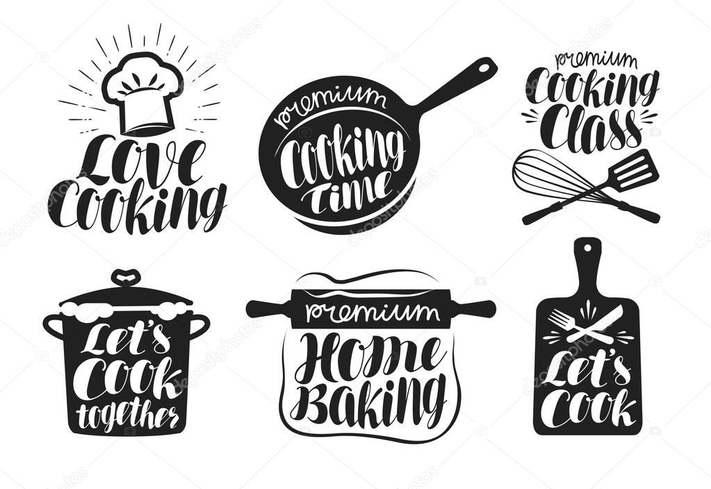 Cooking label set. Cook, food, eat, home baking icon or logo. Lettering, calligraphy vector illustration