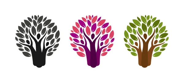 Albero astratto e logo della gente. Ecologia, ambiente, etichetta o icona della natura. Illustrazione vettoriale — Vettoriale Stock