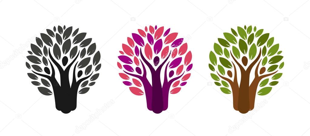 Abstract tree and people logo. Ecology, environment, nature label or icon. Vector illustration