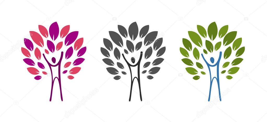 Abstract tree and man logo. Health, wellness, natural product, nature icon or label. Vector illustration isolated on white background