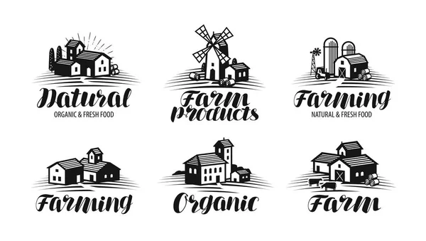 Bauernhof, Landwirtschaft Etikettenset. Landwirtschaft, Agrarindustrie, Gebäude-Ikone oder Logo. Beschriftungsvektorillustration — Stockvektor