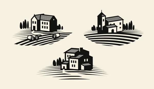 Bauernhof, Landwirtschaftssymbol oder Logo. Landwirtschaft, Weinbau, Etikettenset für Weinberge. Vektorillustration — Stockvektor