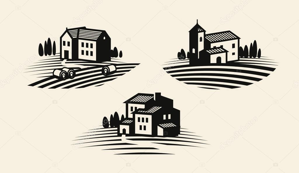 Farm, farming icon or logo. Agriculture, viniculture, vineyard label set Vector illustration