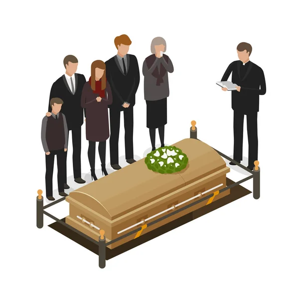 Ritual fúnebre, concepto de luto. Entierro, tumba, muerto, icono de ataúd o símbolo. Dibujos animados vector ilustración — Vector de stock