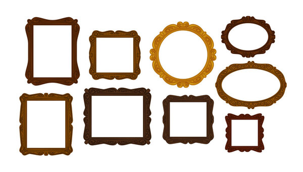 Коллекция старинных деревянных рамок. Зеркало, портрет, иконка или символ. Векторная иллюстрация
