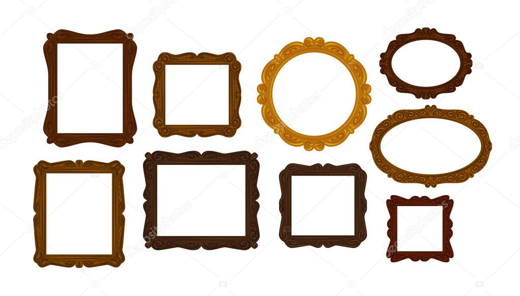 Collection of vintage wooden picture frames. Mirror, portrait, picture icon or symbol. Vector illustration