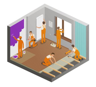 Düz kavramı onarılıyor. Yapım işi, Bina, onarım, iç, revizyon simgesini veya simge. Çizgi film vektör çizim