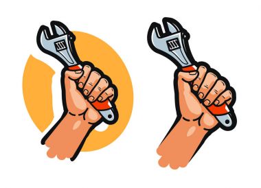 Anahtarı, aracı ya da elinde. Onarım, servis, bakım, destek simgesini veya logo. Çizgi film vektör çizim