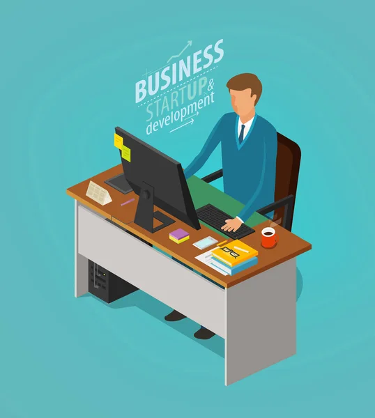 Business concept. Businessman, man sitting at desk with computer. Office worker, work, workplace, career icon. Flat vector illustration — Stock Vector