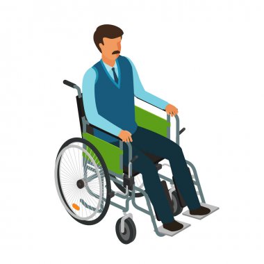 Adam tekerlekli sandalyede oturuyor. Geçersiz, devre dışı, sakat simgesini veya sembolü. Çizgi film vektör çizim