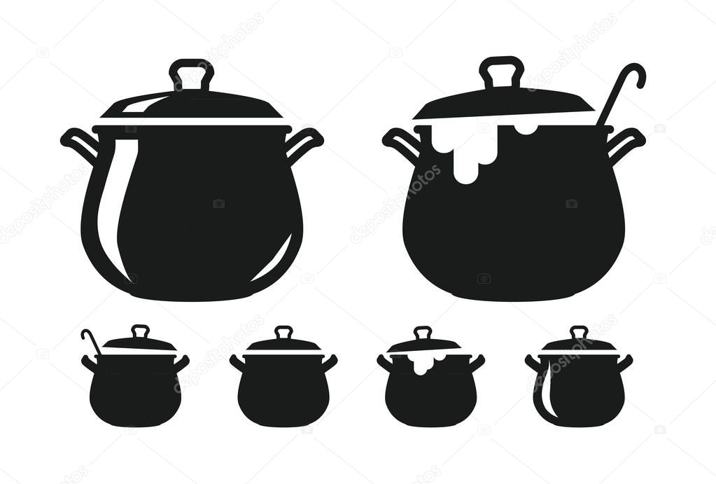 Pot of soup, pan silhouette. Cooking, cuisine, cookery, culinary art icon or logo. Vector illustration isolated on white background