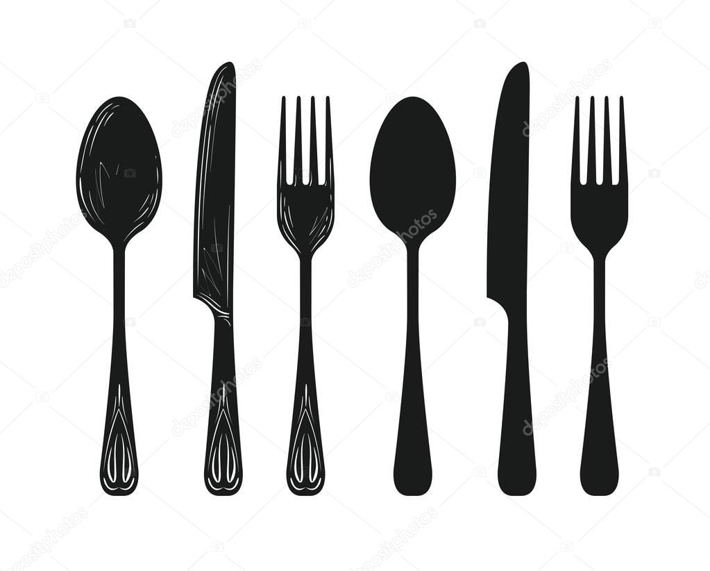 Tableware such as spoon, knife, fork silhouette. Kitchen, cuisine, cooking icon or symbol. Sketch vector illustration