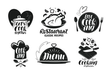 Restoran, menü, yemek etiket kümesi. Pişirme, mutfak, mutfak simgesini veya logo. Yazı, hat illüstrasyon vektör