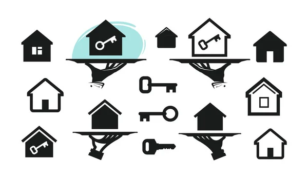 Hus, hem ange ikoner. Byggnad, fastigheter, nyckelsymbol. Vektorillustration — Stock vektor
