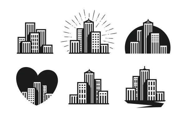 Logo moderno de la ciudad. Rascacielos, edificio, casa, pueblo conjunto de iconos. Ilustración vectorial — Vector de stock