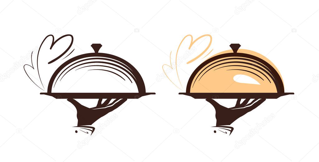 Catering, cloche logo. Icon for design menu restaurant or cafe. Vector illustration isolated on white background