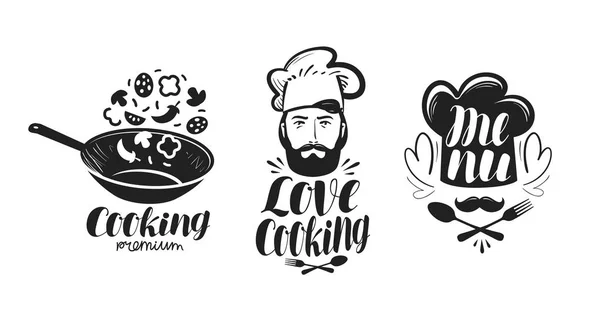Kochen, Cuisine Logo. Etikettenset für Design-Menü Restaurant oder Café. handschriftlicher Schriftzug, Kalligraphie-Vektorillustration — Stockvektor
