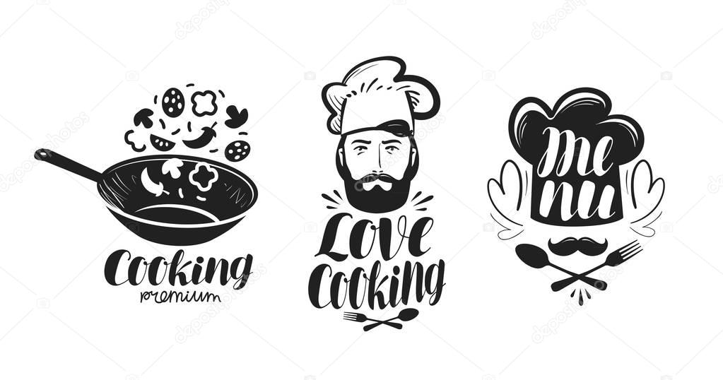 Cooking, cuisine logo. Label set for design menu restaurant or cafe. Handwritten lettering, calligraphy vector illustration