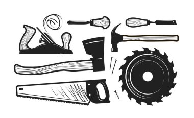 Carpentry, joinery icons. Set of tools such as axe, hacksaw, hammer, planer, disc circular saw, cutters. Vector illustration clipart