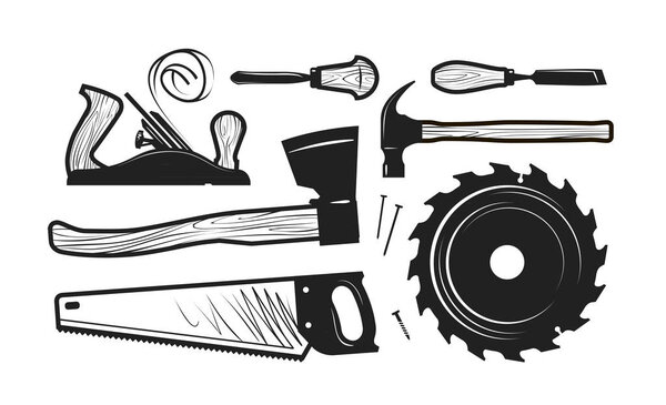 Carpentry, joinery icons. Set of tools such as axe, hacksaw, hammer, planer, disc circular saw, cutters. Vector illustration
