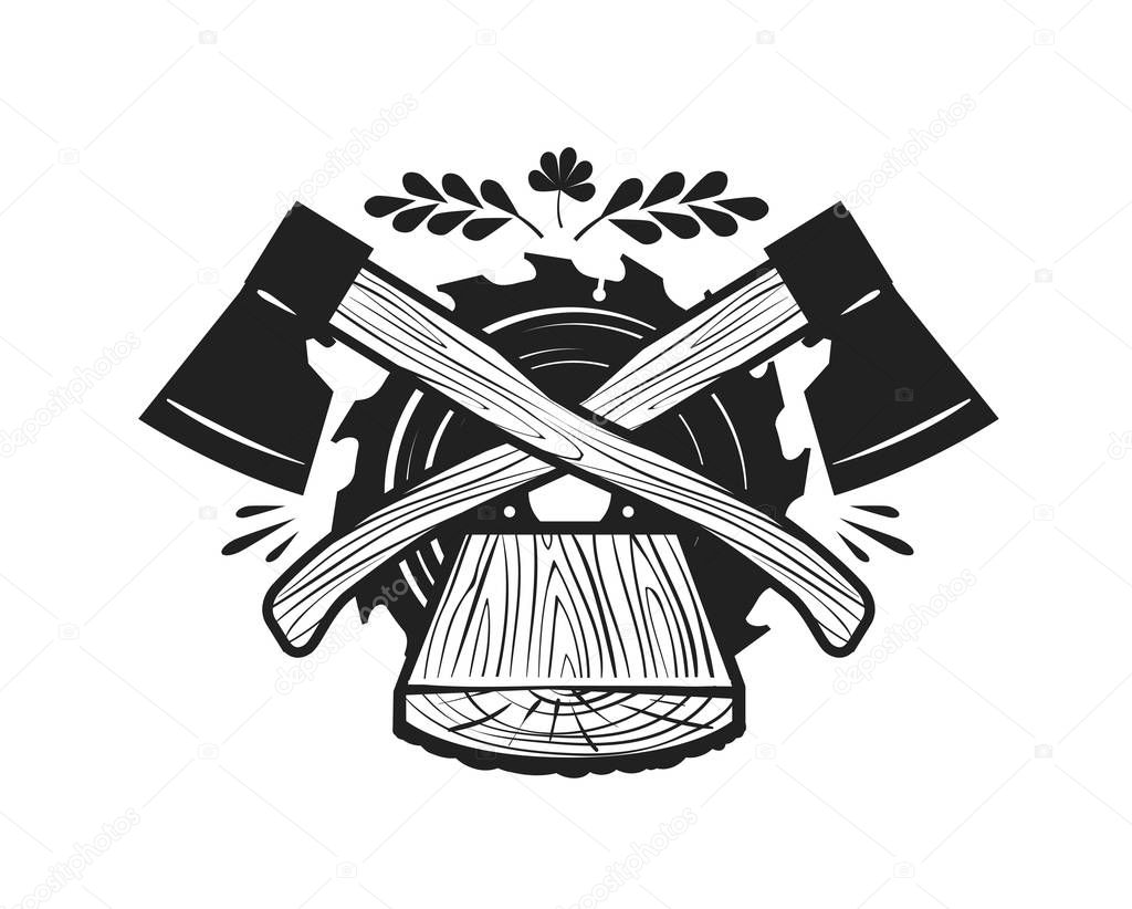 Sawmill, felling logo. Woodwork, joinery, carpentry icon or label. Vector illustration isolated on white background
