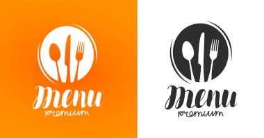 Yemek pişirme, mutfak logosu. Tasarım menüsü restoranı veya kafe için simge ve etiket. Harf, hat vektörü çizimi