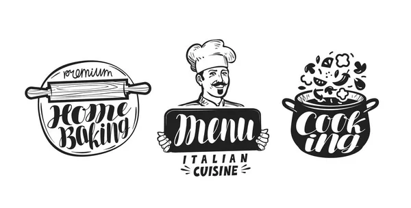 Μαγείρεμα, κουζίνα λογότυπο. Εικονίδιο και την ετικέτα για το σχεδιασμό μενού εστιατόριο ή καφετέρια. Χειρόγραφα γράμματα, εικονογράφηση διάνυσμα καλλιγραφία — Διανυσματικό Αρχείο