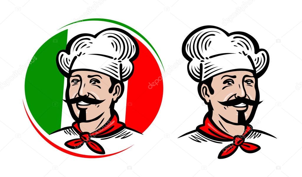 Chef, logo. Italian food, pizza, restaurant, menu label. Cartoon vector illustration isolated on white background