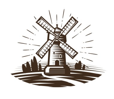 Yel değirmeni, değirmen logo veya etiket. Çiftlik, tarım, ekmek, ekmek simgesi. Vintage vektör çizim