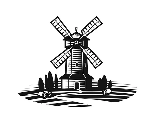 Mill, windmill label or logo. Farm, agriculture, bakery, bread icon. Vintage vector illustration — Stock Vector