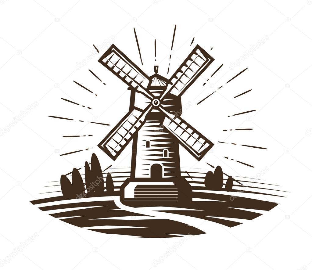 Mill, windmill logo or label. Farm, agriculture, bakery, bread icon. Vintage vector illustration isolated on white background