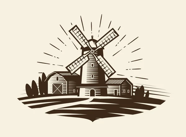 Farma, venkovské krajiny logo nebo popisek. Zemědělství, agropodnikání, vesnice, mlýn ikonu. Vintage vektorové ilustrace — Stockový vektor