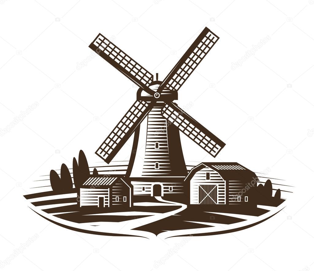 Windmill, mill logo or label. Farm, rural landscape, agriculture, bakery, bread icon. Vintage vector illustration isolated on white background
