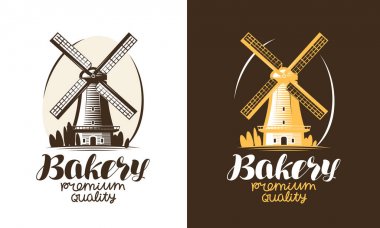 Ekmek, ekmek fırınları, ekmek logo veya etiket. Mill, yel değirmeni simgesi. El yazısıyla yazılan yazı vektör çizim