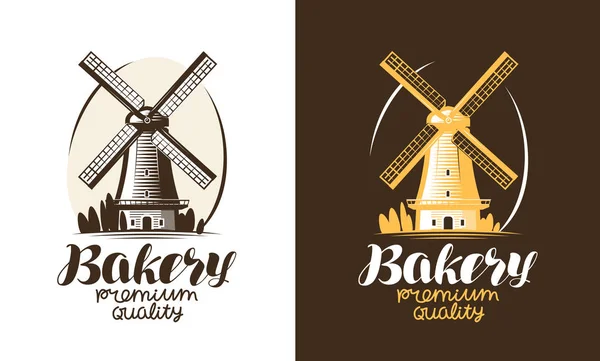 Bakery, bakehouse, bread logo or label. Mill, windmill icon. Handwritten lettering vector illustration — Stock Vector