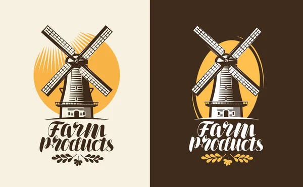 Logo farmy výrobky nebo štítek. Mlýn, větrný mlýn ikonu. Nápisy, kaligrafie vektorové ilustrace — Stockový vektor