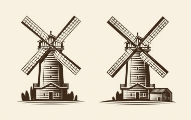 Eski ahşap mill, yel değirmeni logo veya etiket. Tarım, tarım, tarım simgesi. Vintage vektör çizim