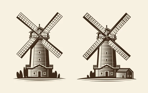 Gammal trä kvarn, windmill logotyp eller etikett. Jordbruk, jordbruk, jordbruksnäringen ikonen. Vintage vektorillustration — Stock vektor