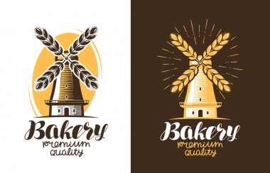 Ekmek, ekmek logo veya etiket. Çiftlik, tarım, yel değirmeni, değirmen simgesi. Vintage vektör çizim