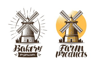 Eski yel değirmeni, değirmen logo veya etiket. Tarım, tarım, tarım simgesi. Vintage vektör çizim