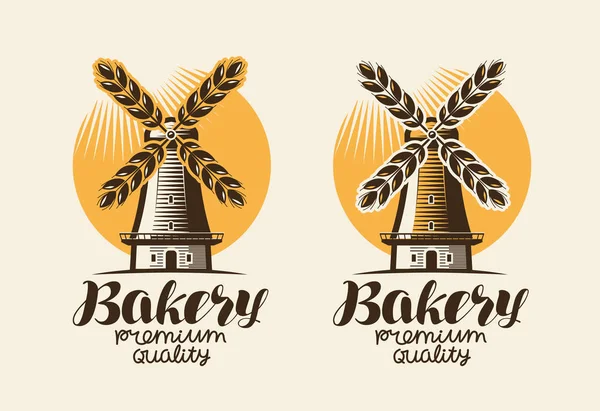 Bakker, bakkerij logo of etiket. Molen, windmolen, oor tarwe brood symbool. Belettering, vintage vectorillustratie — Stockvector