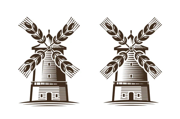 ミル、風車アイコン。農業、農業関連産業、パン屋さんのロゴまたはラベル — ストックベクタ