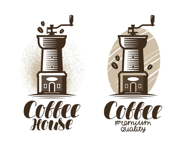 Cafe, logo kawiarni lub etykiecie. Młynki do kawy, espresso, pić ikona. Ilustracja wektorowa napis — Wektor stockowy