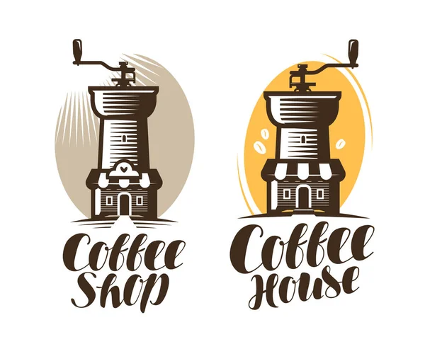 Cafeteria, Kaffeehaus, Café-Logo oder Etikett. Heißgetränk, Espresso, Mühlensymbol. handschriftlicher Schriftzug, Kalligraphie-Vektorillustration — Stockvektor