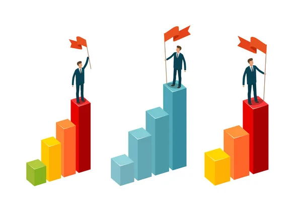 Empresário com bandeira fica em cima. Conceito de negócio. Ilustração vetorial de infográficos —  Vetores de Stock