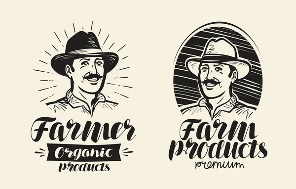 Portré boldog mezőgazdasági termelő a kalap, a logó vagy a címkén. Kézírásos betűk, kalligráfia vektoros illusztráció — Stock Vector
