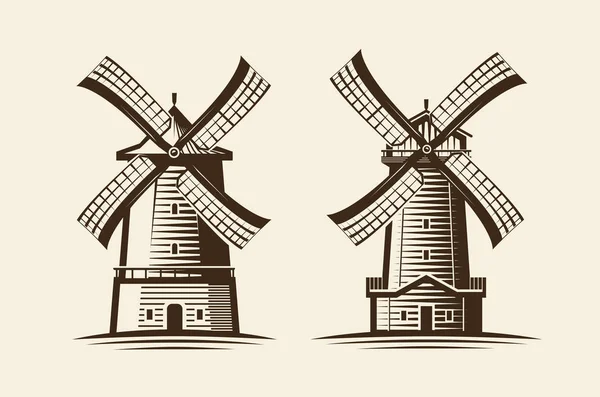 Ancien moulin en bois. Moulin à vent, agriculture, logo ou icône agricole. Illustration vectorielle vintage — Image vectorielle