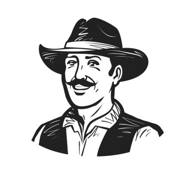Mutlu kovboy veya çiftçi portresi. Üretici, winemaker, winegrower, brewer logo veya simge. Sketch vektör çizim