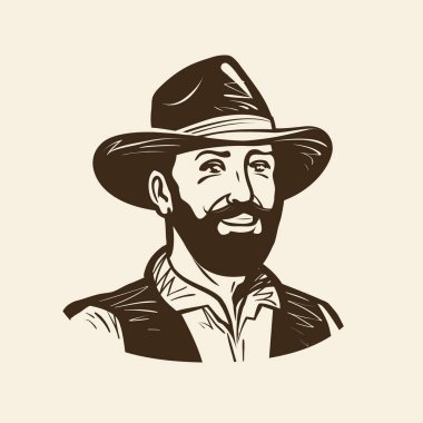 Çiftçi, kovboy logo veya etiket. Vintage vektör çizim